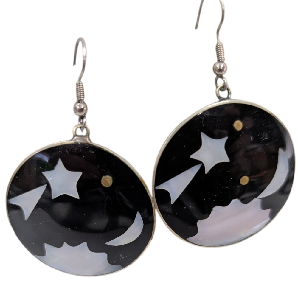 Alpaca Mexico Black Mother‎ of Pearl Celestial Moon Shooting Star Earrings
